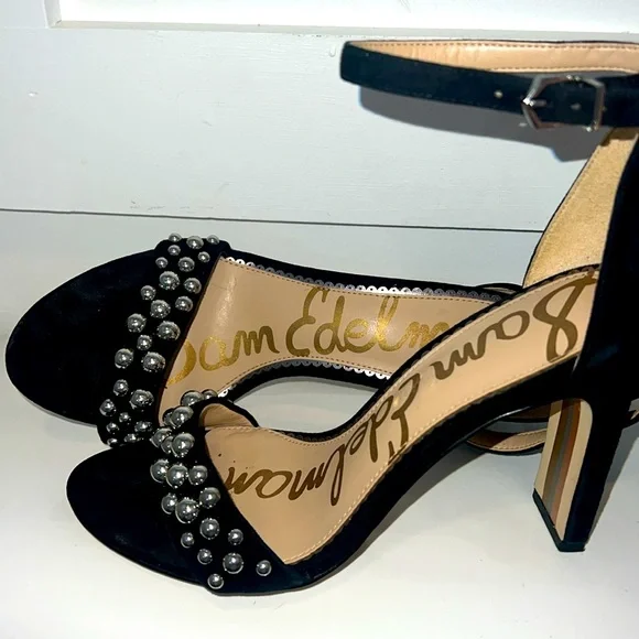 🪩SAM EDELMAN•Yoshi Black Suede Sandals silver studded embellishment •Size 7.5 - Picture 12 of 17